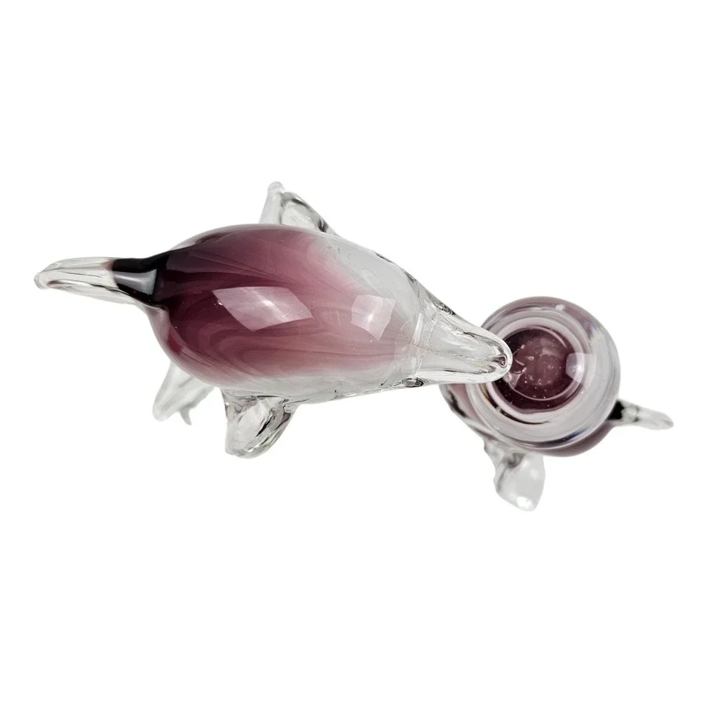 Murano Style Blown Art Glass Dolphin Sculpture Purple White Swirl Waves Figurine
